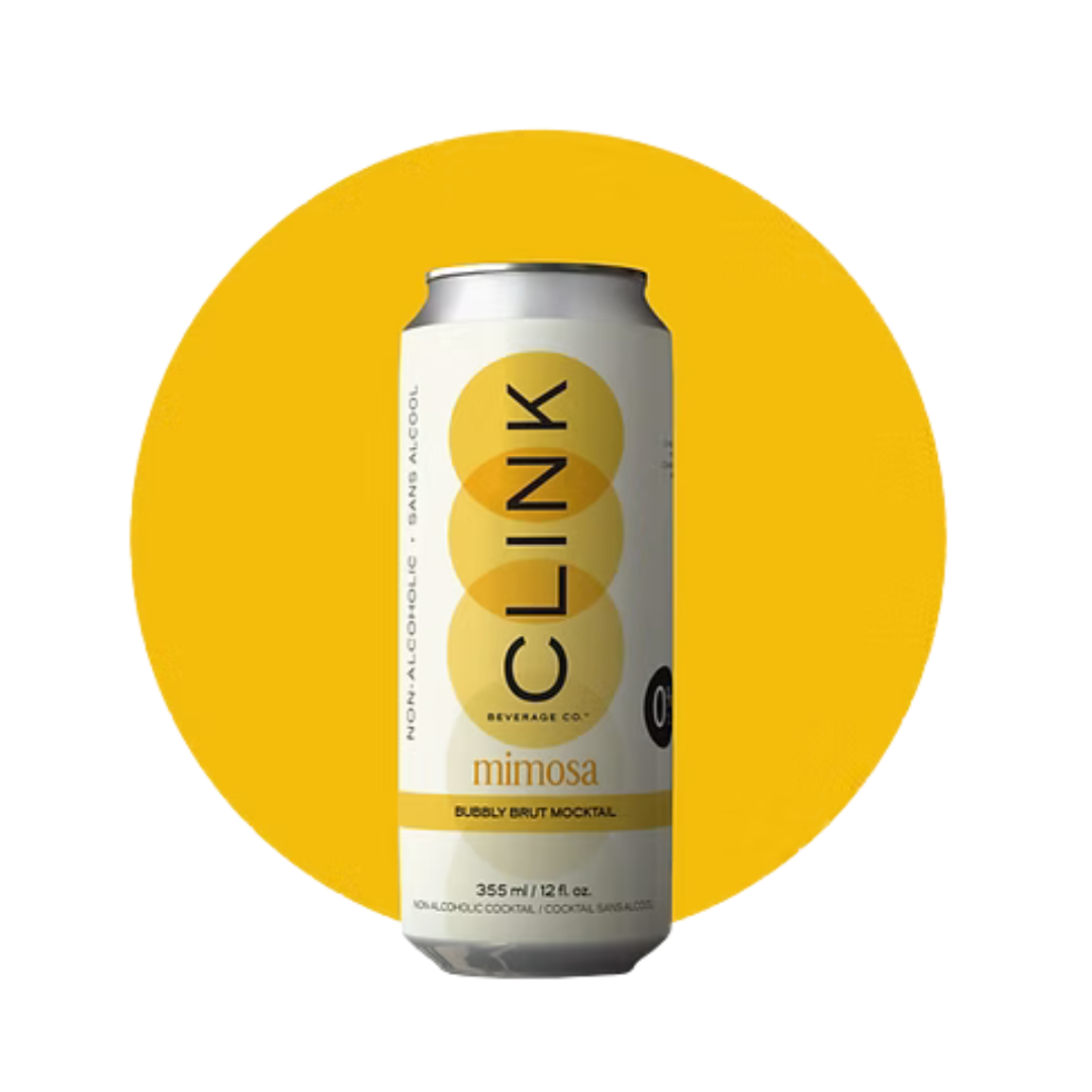 Clink Mimosa non-alcoholic sparkling canned cocktail, 355ml bubbly brut mocktail made with real orange juice, displayed against a bright yellow background.