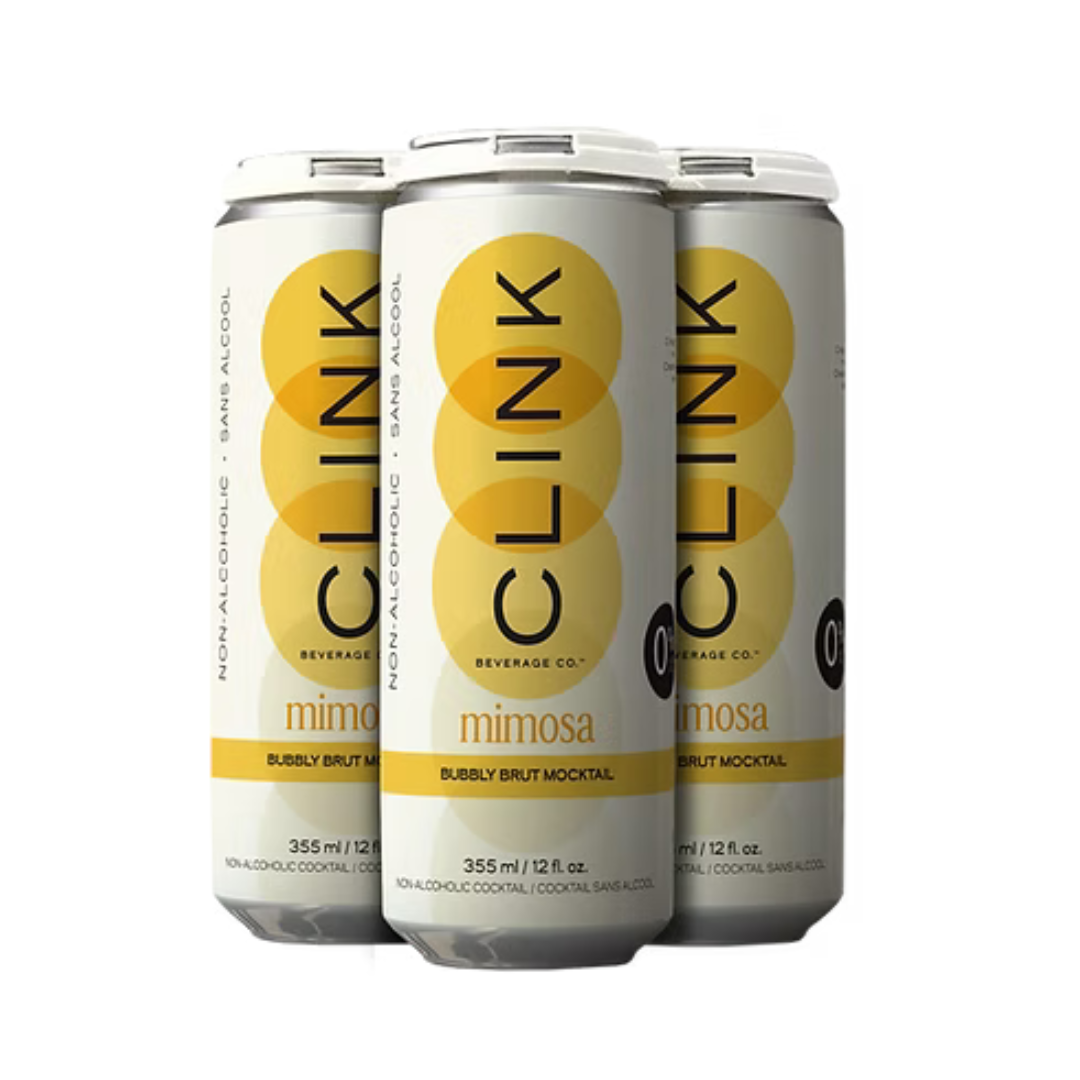 Four-pack of Clink Mimosa non-alcoholic sparkling mocktail cans, 355ml bubbly brut cocktail alternative made with real orange juice, displayed on a white background.