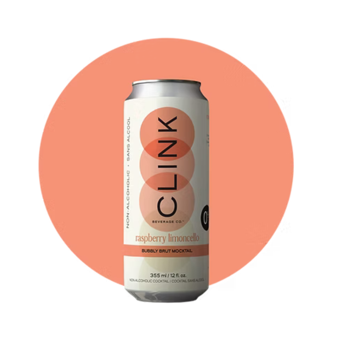 Clink Raspberry Limoncello non-alcoholic sparkling mocktail can, 355ml bubbly brut cocktail alternative with real raspberry and lemon, displayed against a coral background.