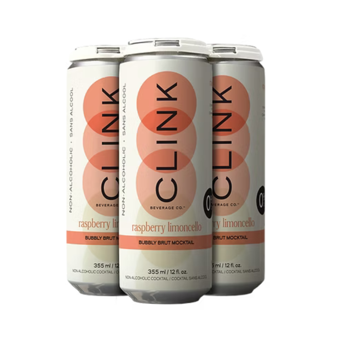 Four-pack of Clink Raspberry Limoncello non-alcoholic sparkling mocktail cans, 355ml bubbly brut cocktail alternative with raspberry and lemon, displayed on a white background.