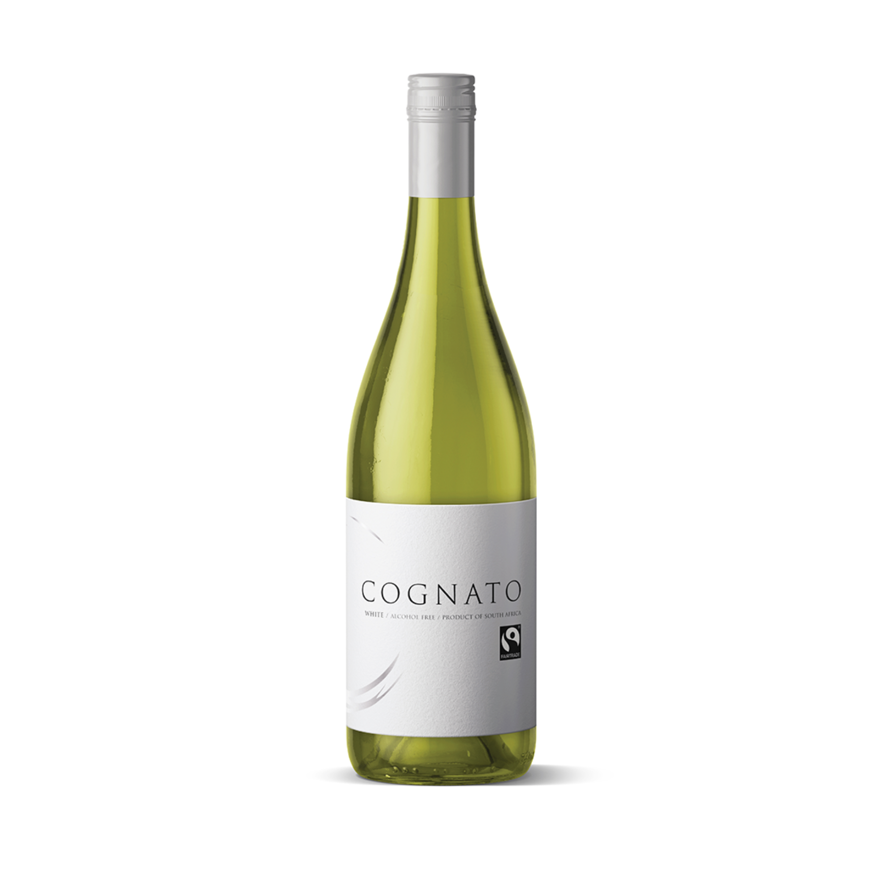 A bottle of Cognato non-alcoholic white wine with a light green hue and a simple white label. The label reads “Cognato,” with the words “White | Alcohol Free | Product of South Africa” below. The bottle has a silver cap and stands against a plain white background.
