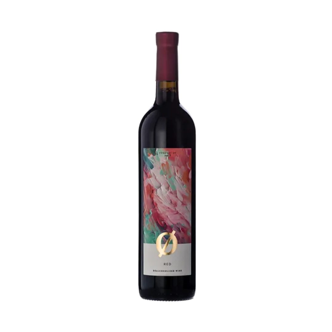 A bottle of Cølibrì RED non-alcoholic wine with a deep ruby hue, featuring an elegant, artistic label with abstract brushstrokes in vibrant shades of red, pink, and green, complemented by a sleek gold Ø emblem.