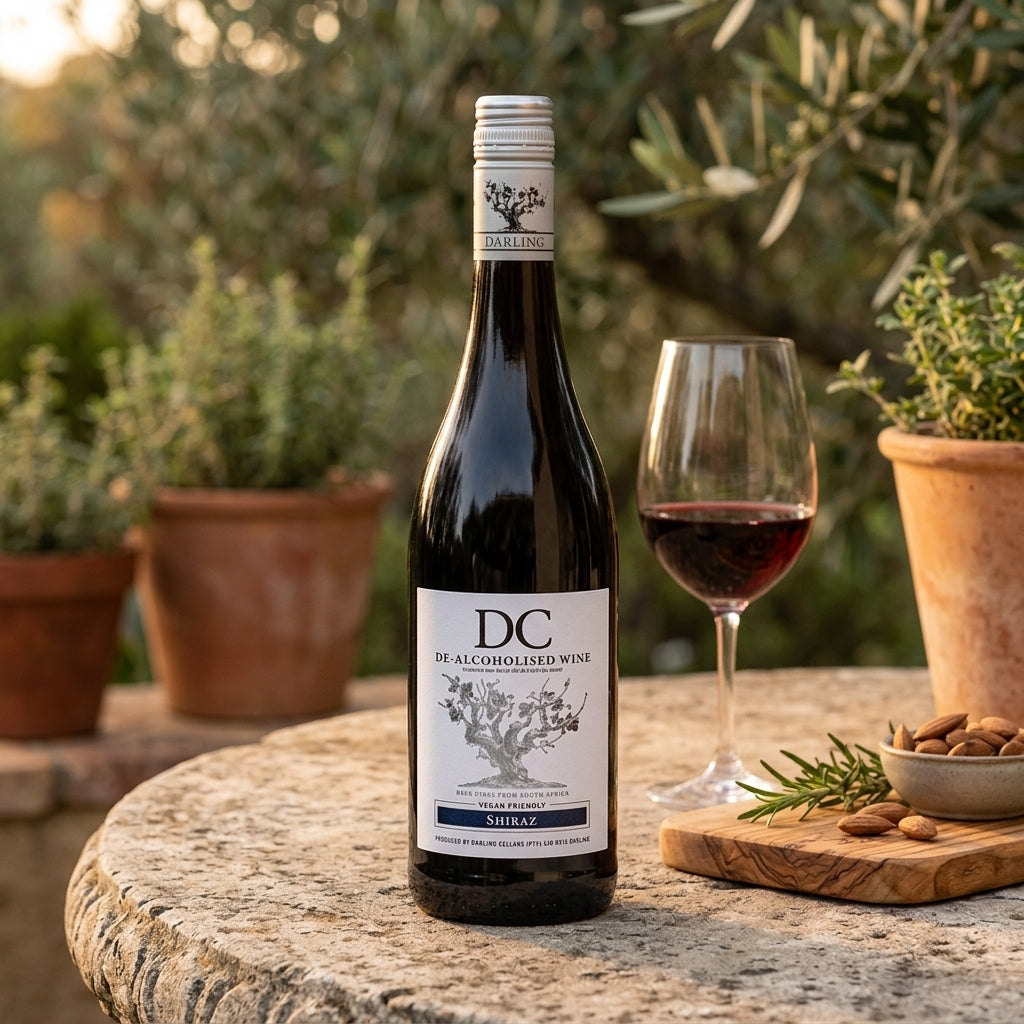 Bottle of DC de-Alcoholised Wine with a glass of wine on a table outdoors.