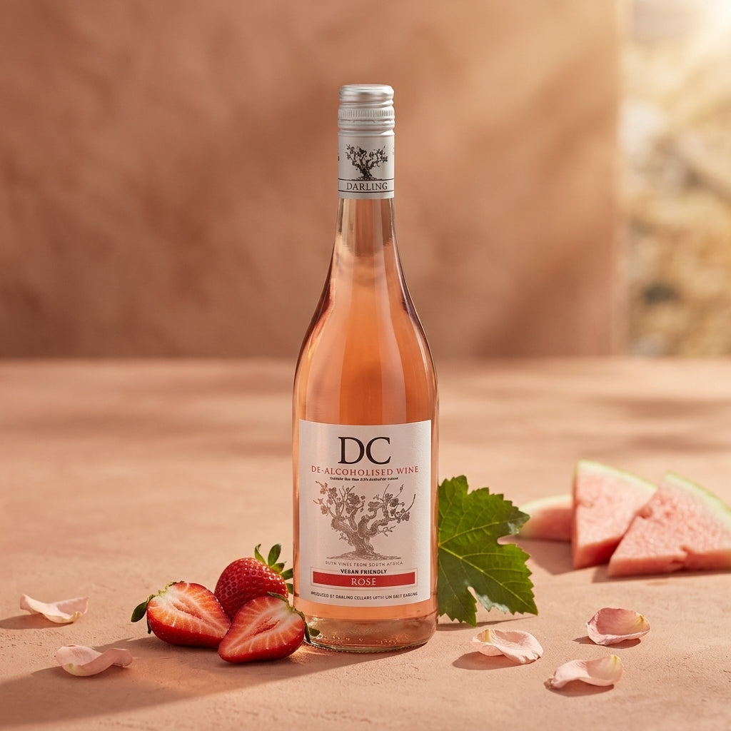Bottle of DC non-alcoholic wine with strawberries and watermelon on a wooden surface