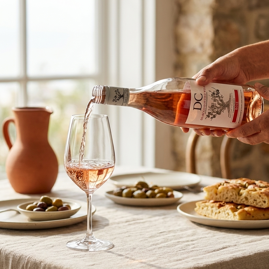 Person pouring rose wine from a bottle labeled 'DC' into a glass on a table with snacks and olives.