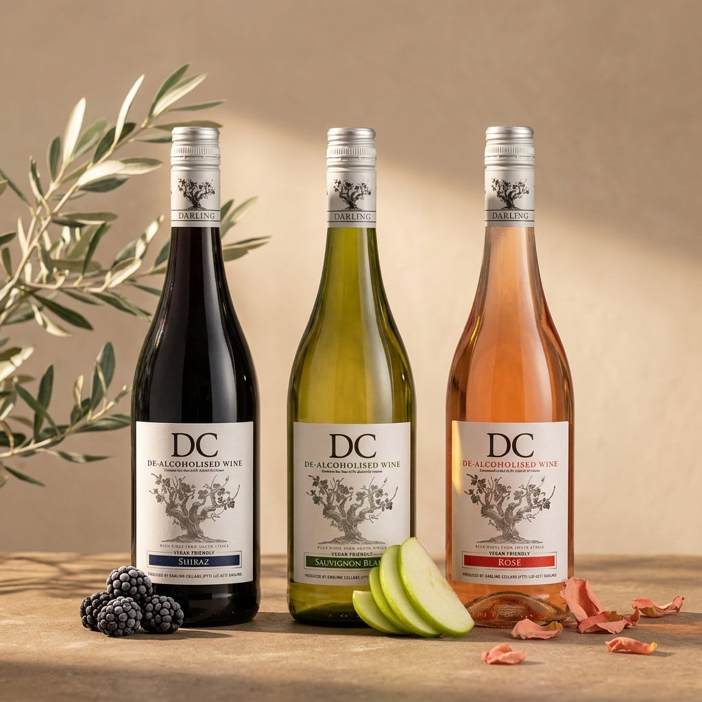 Three bottles of DC non-alcoholic wines on a wooden surface with blackberries, sliced green apple and rose petals.