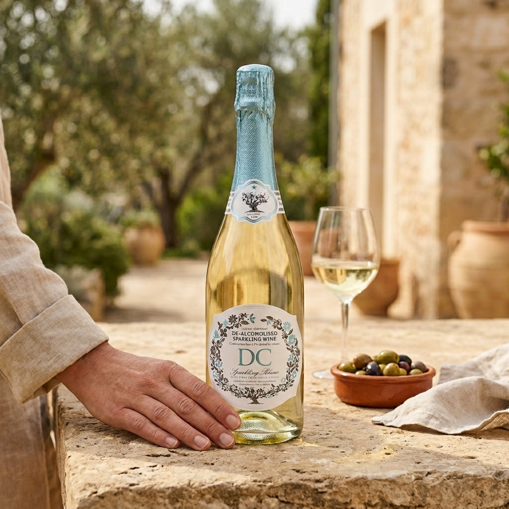 Bottle of DC non-alcoholic sparkling wine on a stone table outdoors with a glass and olives.