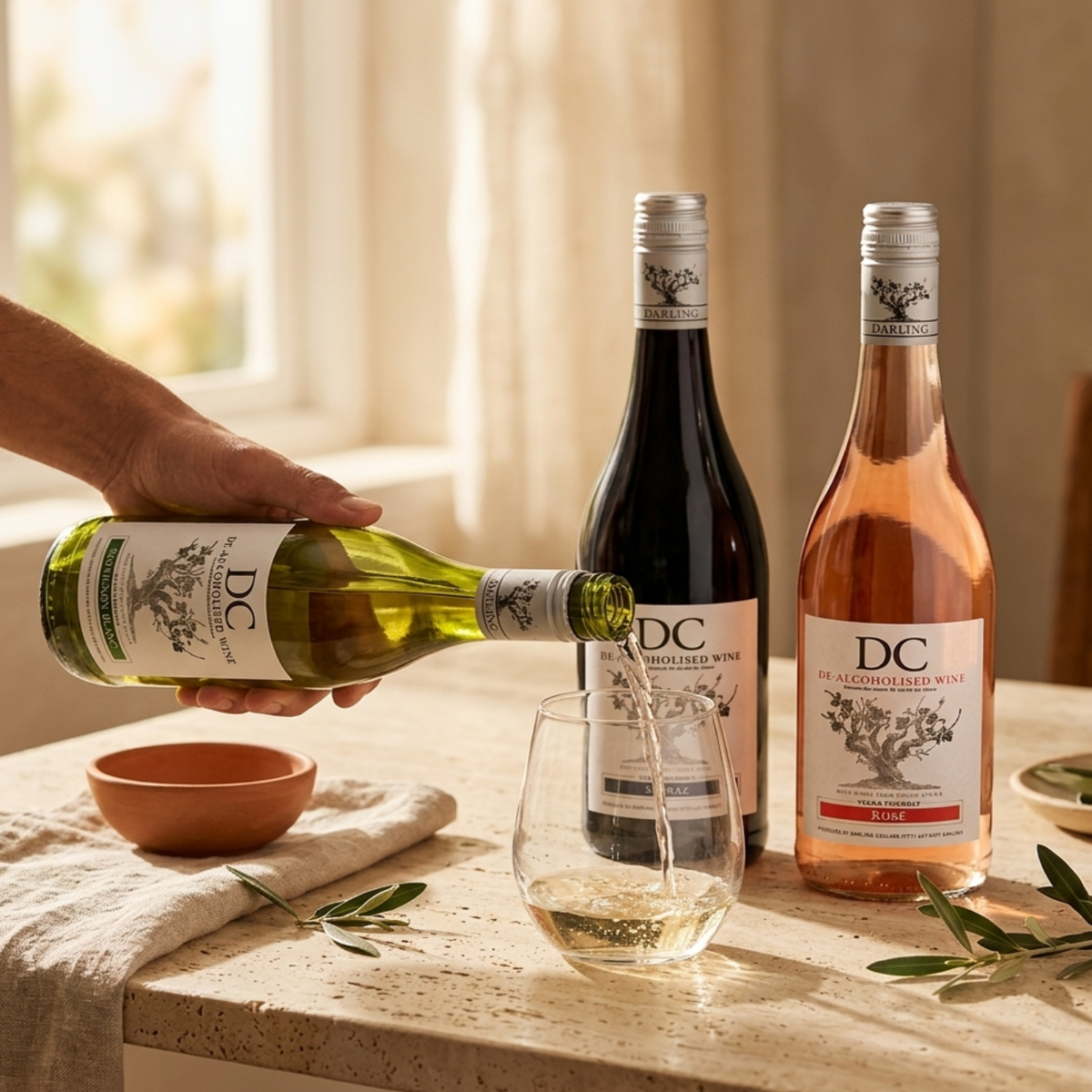 A hand pours white wine from a green bottle labeled DC into a glass on a stone table, with two more DC wine bottles standing behind it in a warm, sunlit interior setting.