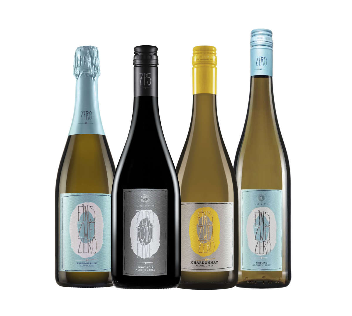 4 bottles of  non-alcoholic wine standing side by side on a white background.  Labels feature the wines variety and a large zero.