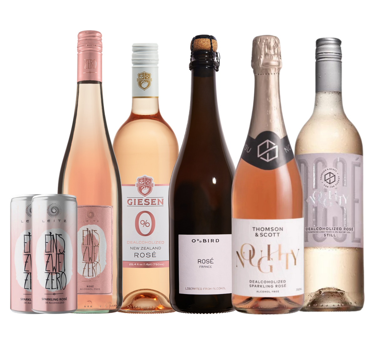 a selection of non-alcoholic rosé wines lined up next to each other.  Two cans of sparkling rosé, 3 bottles with screw caps and two sparkling wines in bottles with corks. 