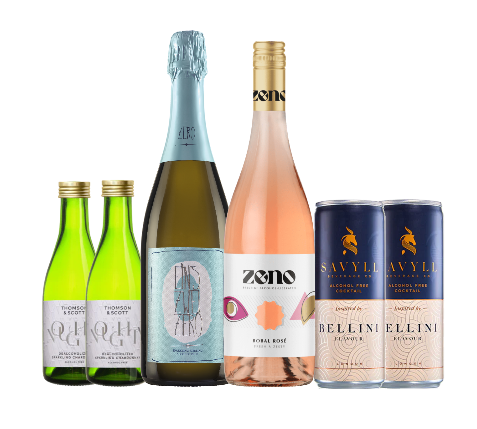 Collection of various alcohol-free drinks including bottles and cans on a white background