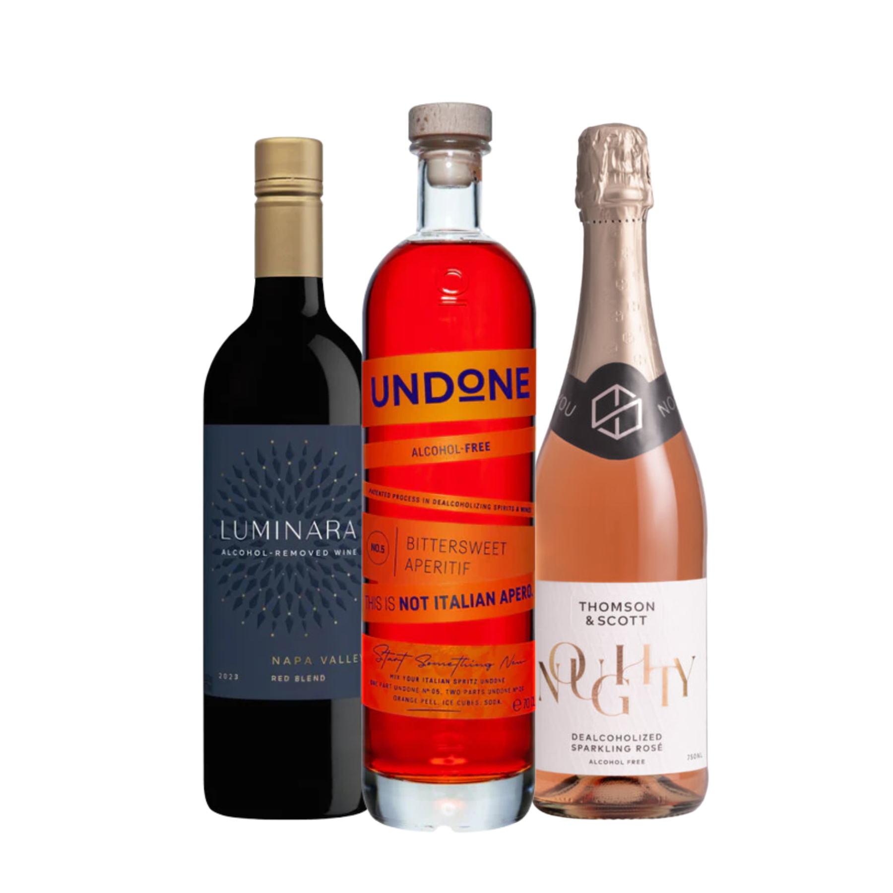 Three non-alcoholic beverages: Luminara Napa Valley Red Blend, a deep red alcohol-removed wine; Undone No.5 Bittersweet Aperitif, a vibrant orange alcohol-free aperitif; and Thomson & Scott Noughty Sparkling Rosé, a dry dealcoholized sparkling wine. Perfect for mindful drinking and sophisticated socializing.