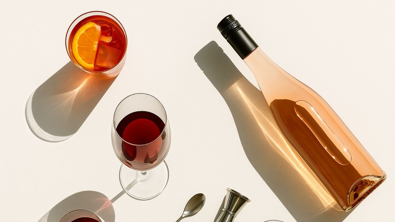 Bottle of rosé wine, two glasses with a spritz cocktail, and bar tools on a light surface.