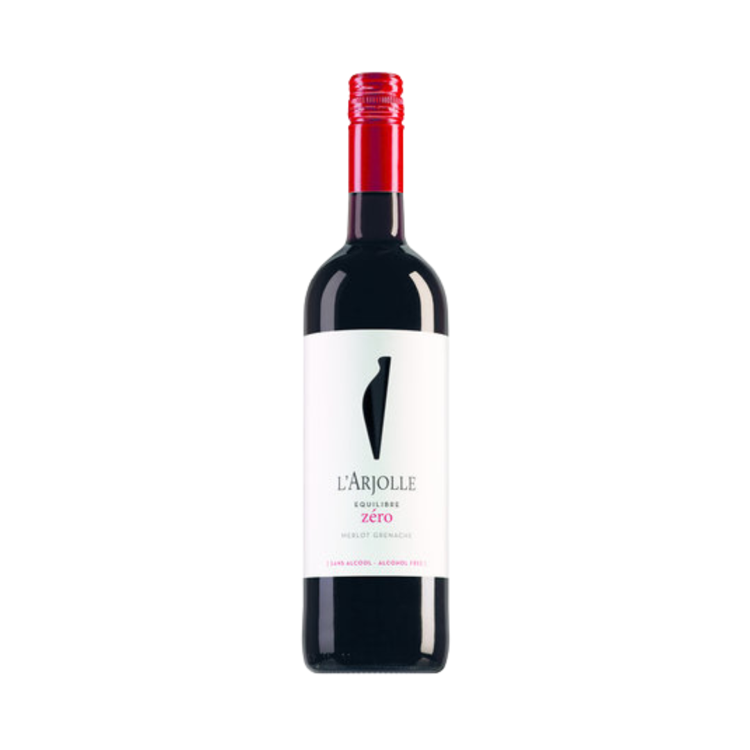 A bottle of L'Arjolle Equilibre Zero non-alcoholic Merlot Grenache wine with a red cap, against a white background.