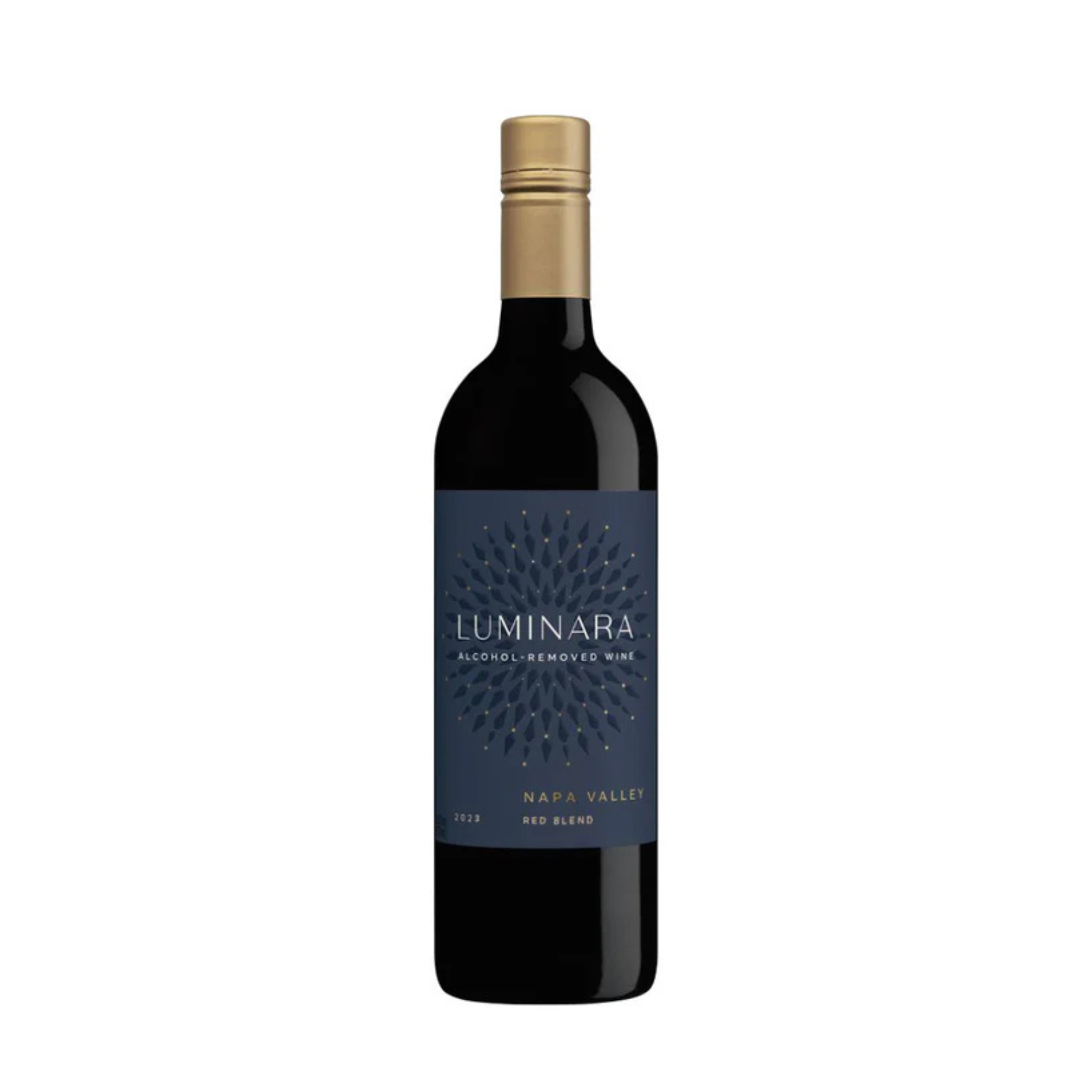 Luminara Napa Valley Red Blend Alcohol-Removed Wine bottle with a navy and gold label, featuring a modern design and gold screw cap, showcasing a premium non-alcoholic wine from Napa Valley