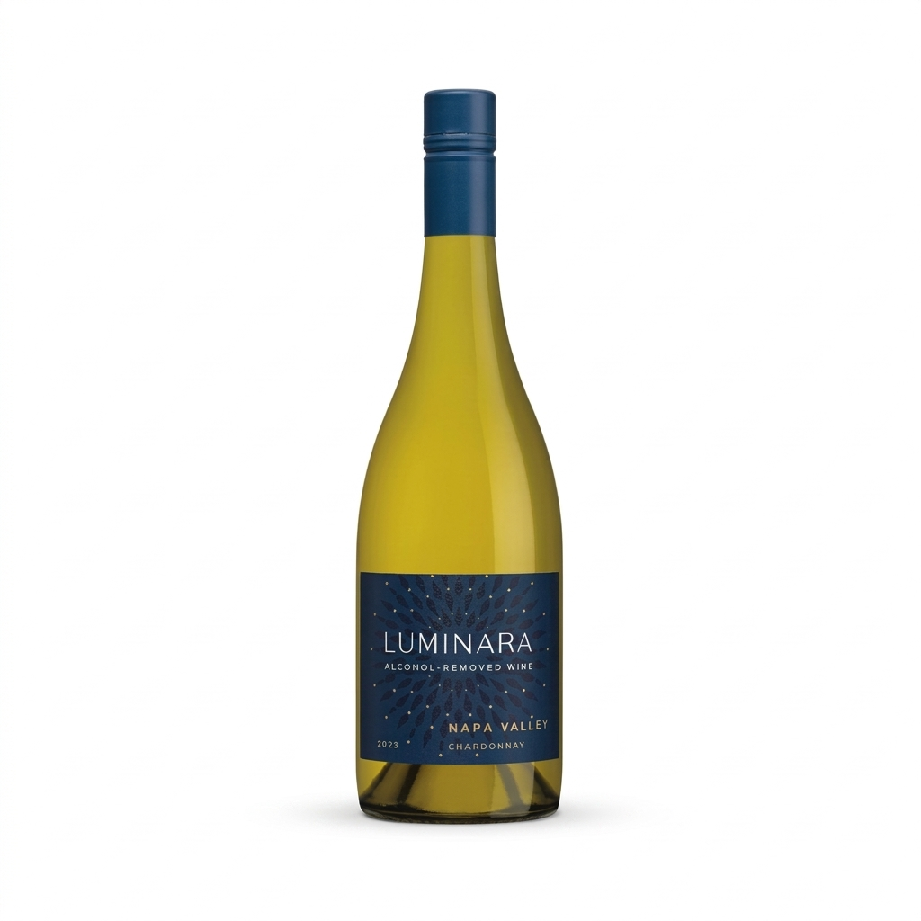 A bottle of Luminara Napa Valley Chardonnay natural reserve wine, featuring a pale yellow-green glass bottle with a dark blue cap and a dark blue label with white text.
