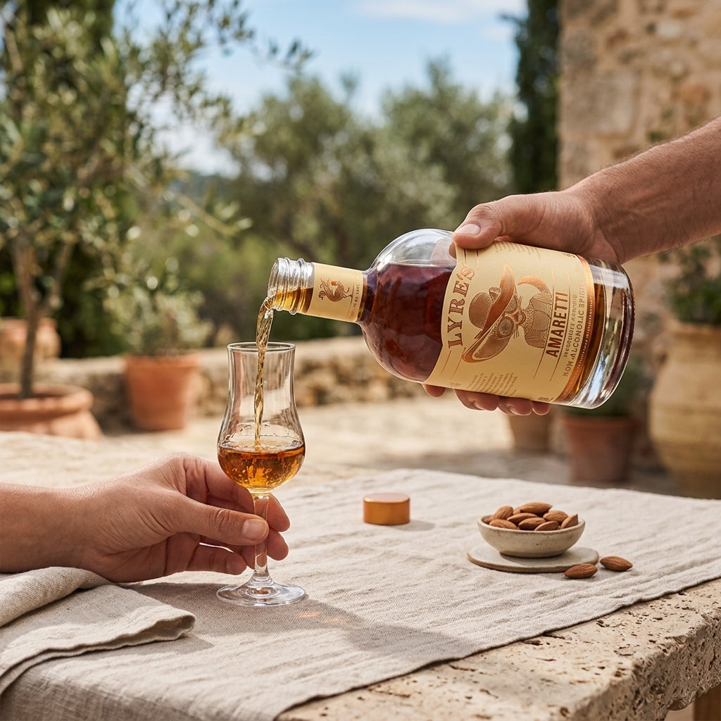 Person pouring amaretto into a glass with a scenic outdoor background