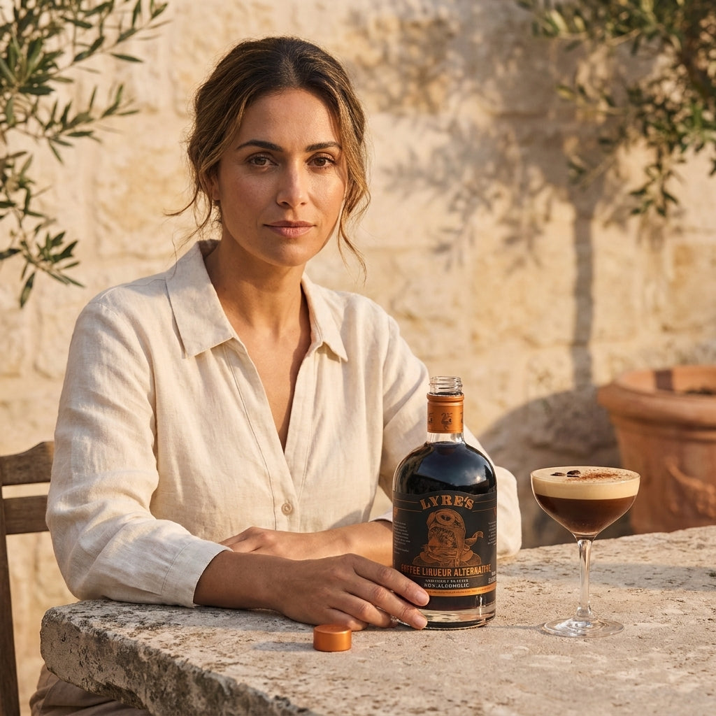 Woman holding a bottle of Lyres Coffee liqueur alternative with a glass of espresso martini outdoors.