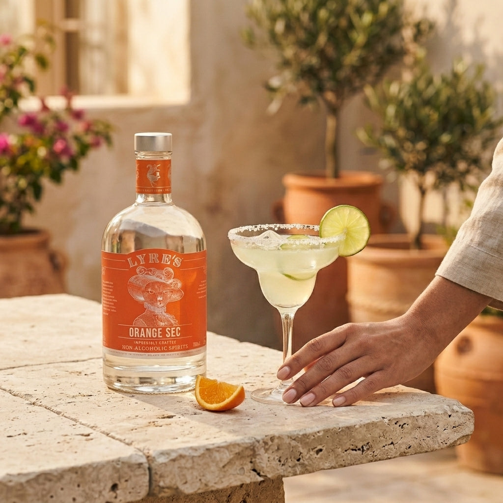 Bottle of Lynne's Orange Sec with a margarita cocktail on a stone surface outdoors.