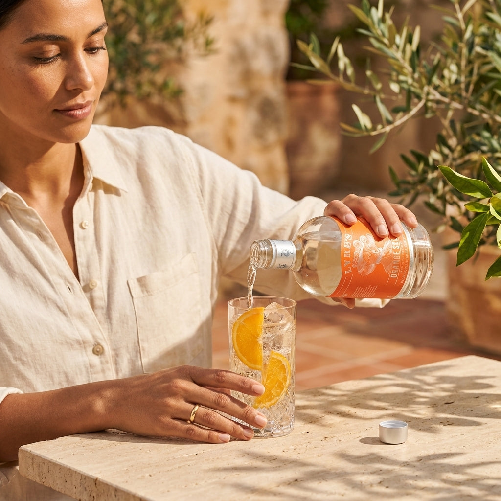 Woman pouring a drink from a bottle into a glass with an orange slice, outdoor setting.