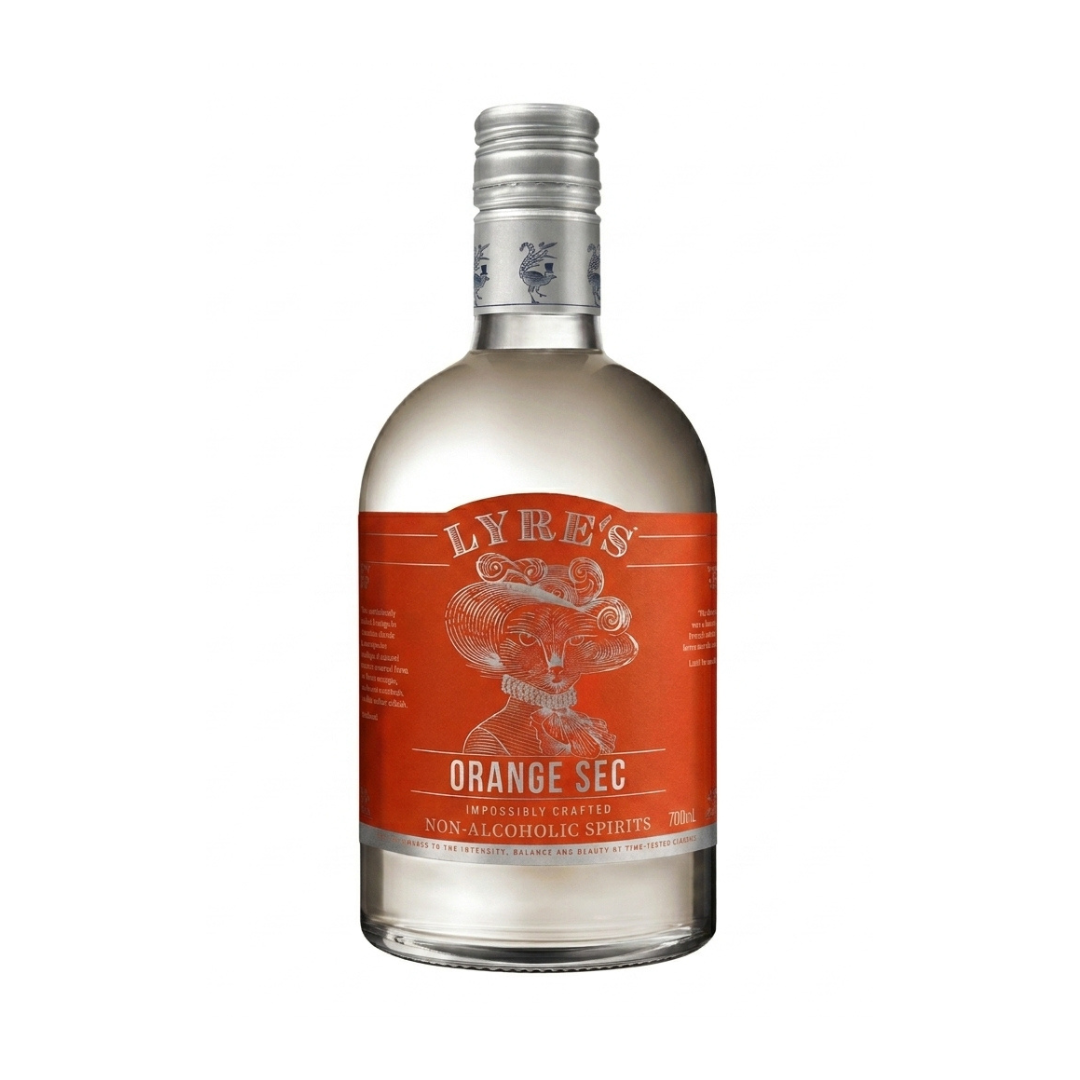Bottle of Lyre's Orange Sec non-alcoholic spirits on a white background