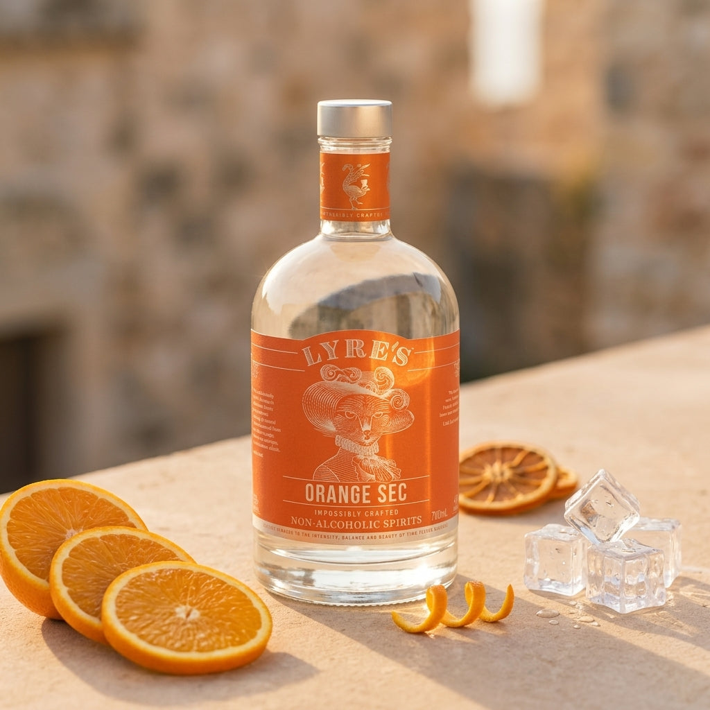 Bottle of Lyre's Orange Sec non-alcoholic spirits with orange slices and ice cubes on a stone surface.