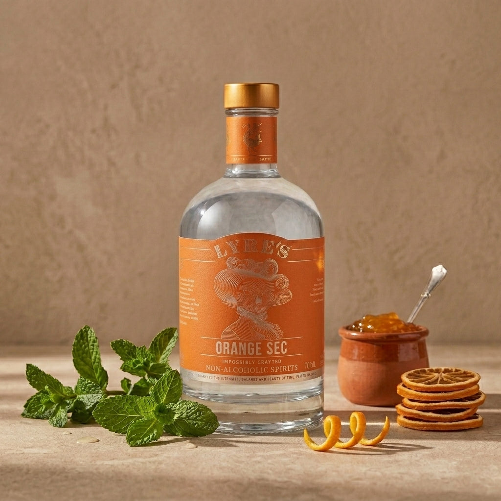 Bottle of Lynes Orange Sec with marmalade, orange peel, mint garnishes on a beige background