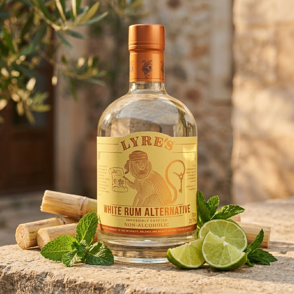 Bottle of Lyre's White Rum Alternative with lime and mint and sugarcane on a stone surface