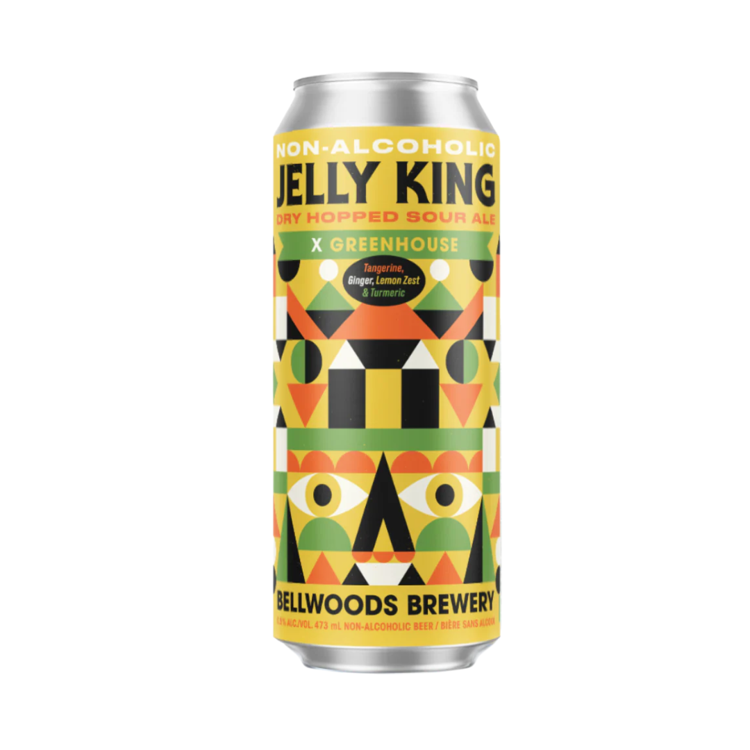 Can of Bellwoods Brewery Non-Alcoholic Jelly King Dry Hopped Sour Ale, X Greenhouse edition, featuring tangerine, ginger, lemon zest, and turmeric. The label has a vibrant geometric design in shades of yellow, green, orange, and black.