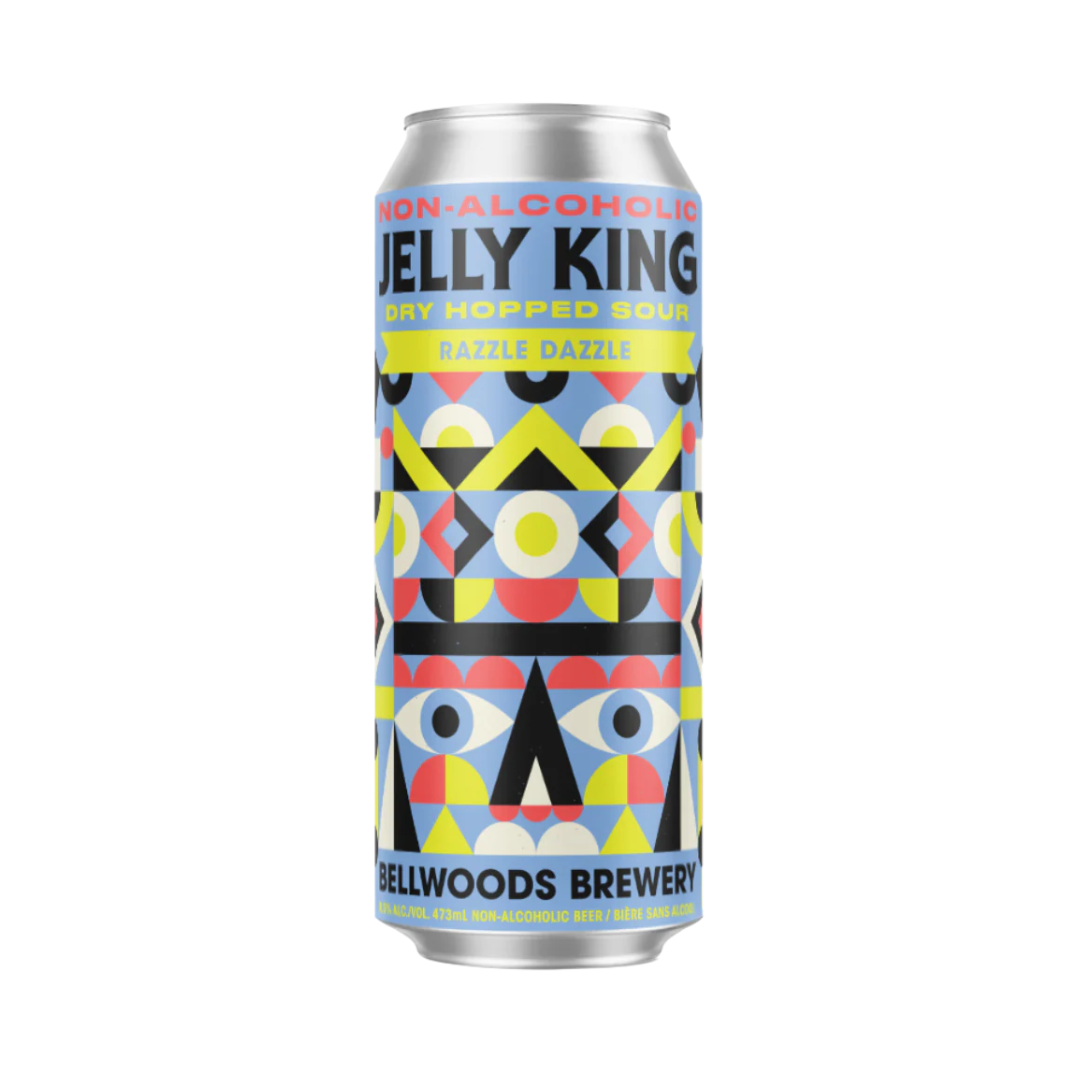 Can of Bellwoods Brewery Non-Alcoholic Jelly King Dry Hopped Sour beer in the “Razzle Dazzle” flavor, featuring a colorful geometric design with bold shapes in red, yellow, blue, and black.