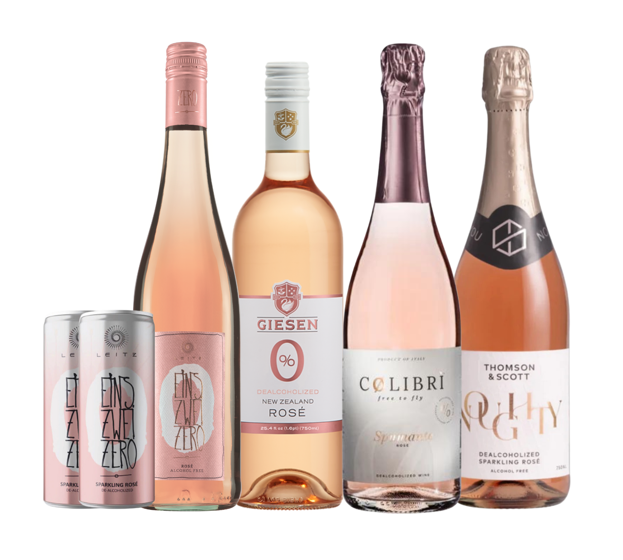 A bundle of 2 still rosé wines, 2 Sparkling rosé wines and 2 cans of sparkling Rosé wine together on a white background