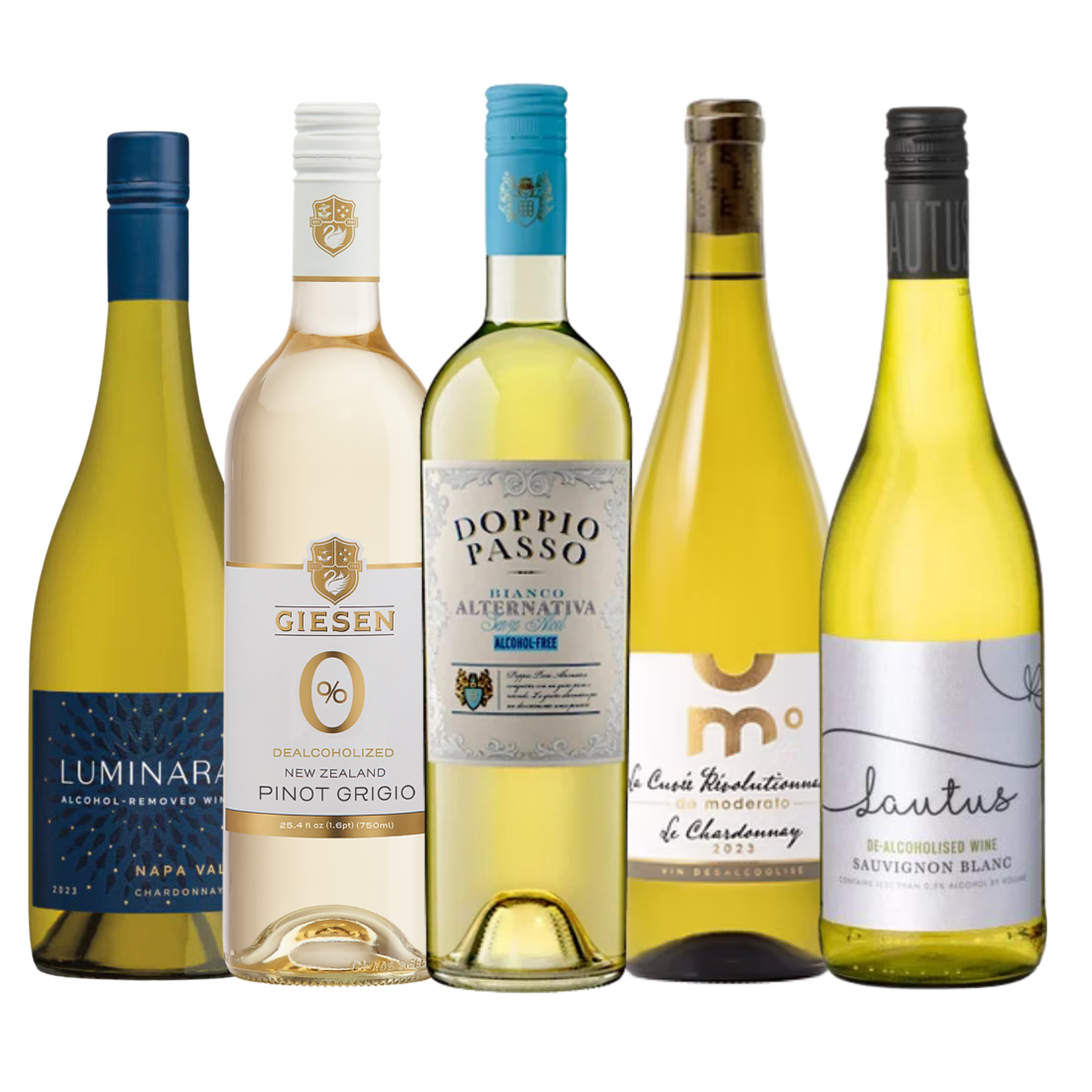 Five bottles of white wine with various labels on a white background
