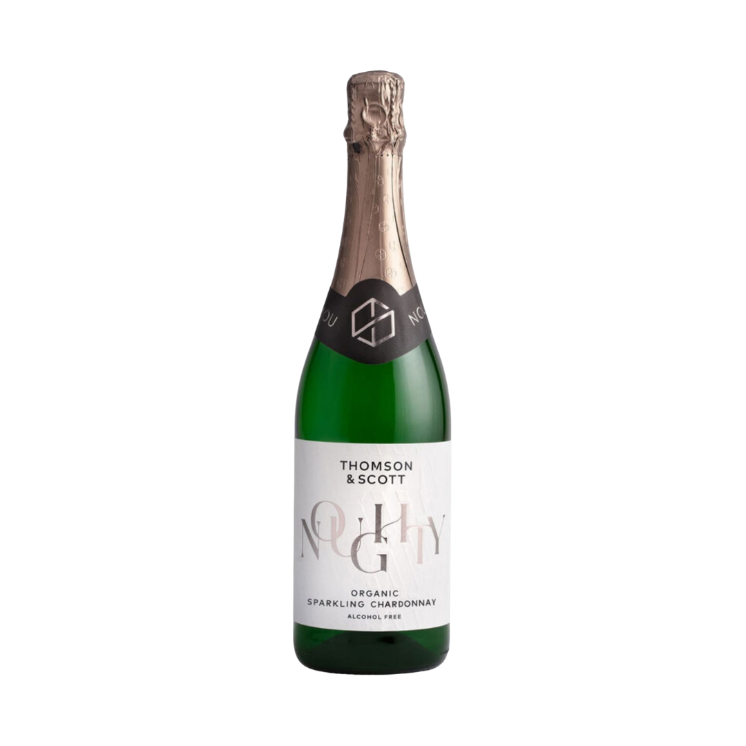 A bottle of Noughty Organic Sparkling Chardonnay by Thomson & Scott, showcasing a white label with green bottle.