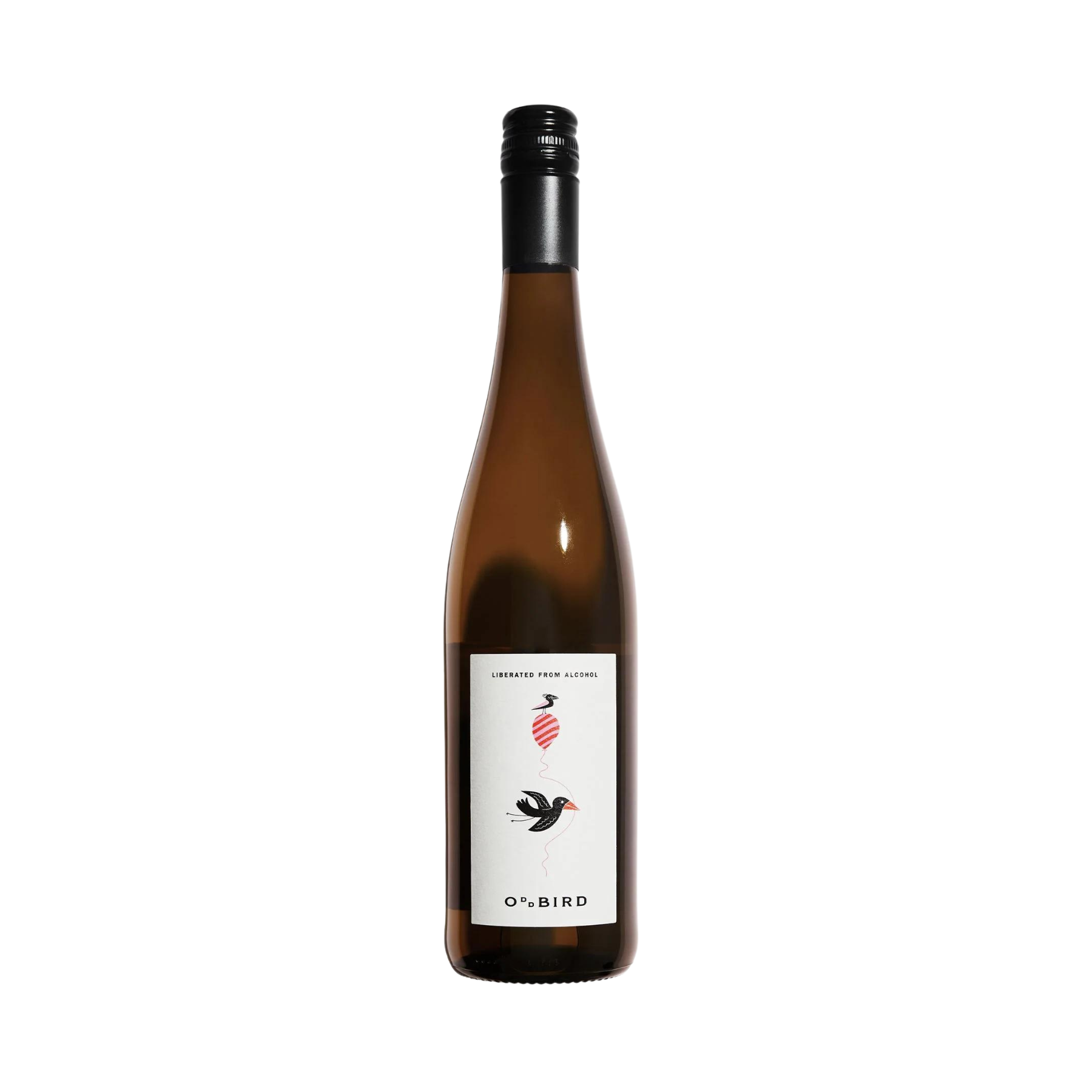bottle of white wine on white background. The label has the words "Liberated from alcohol" with a drawing of a happy black bird flying while carrying a balloon string in its beak.  The balloon is pink and white striped with a baby black bird pearched on top.