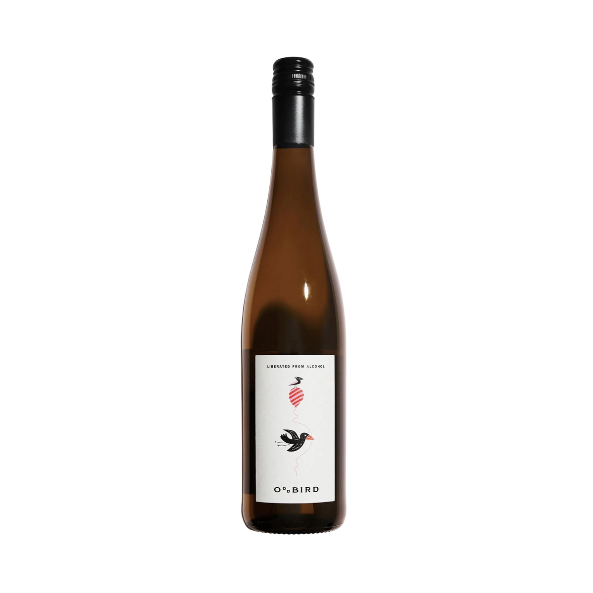 bottle of white wine on white background. The label has the words "Liberated from alcohol" with a drawing of a happy black bird flying while carrying a balloon string in its beak.  The balloon is pink and white striped with a baby black bird pearched on top.