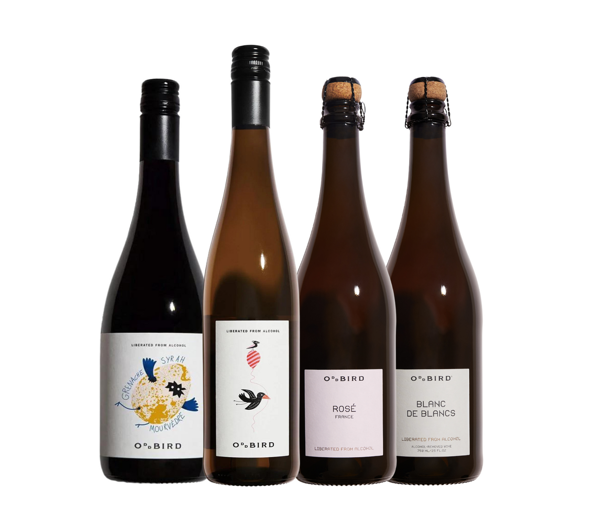 4 bottles of wine lined up side by side.  Two have corked tops.  Unique labels show the names of the wine varietals with birds and a flying egg.