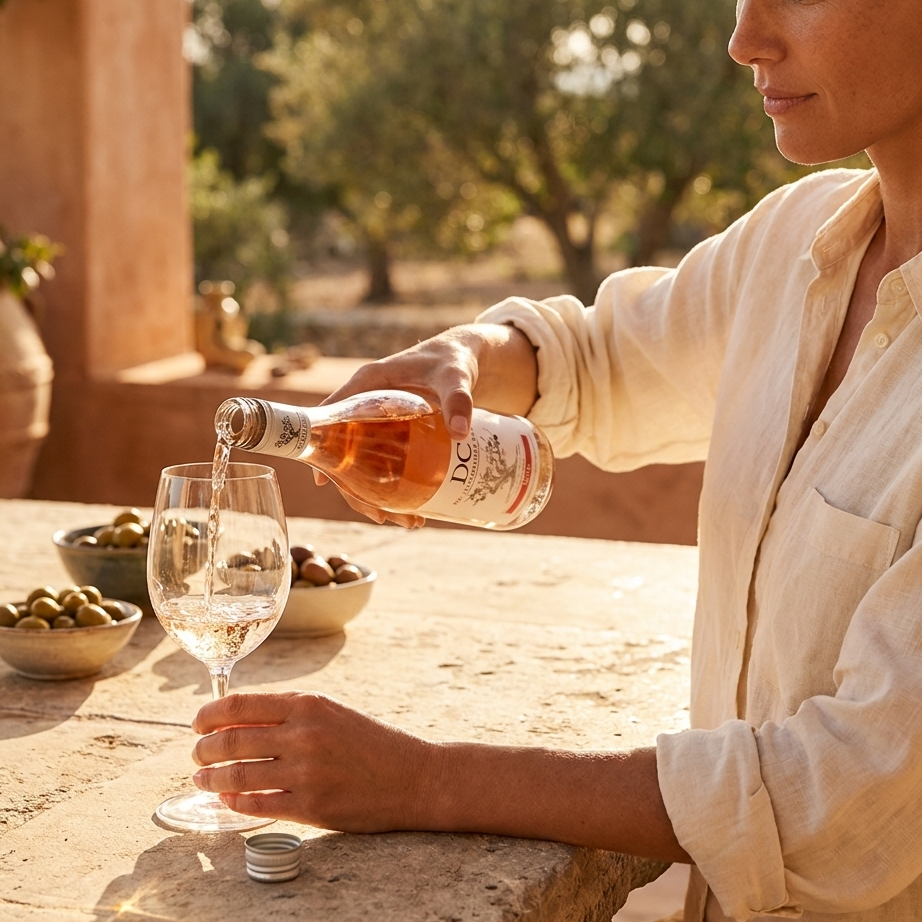 A woman in a cream linen shirt pours a clear liquid from a bottle into a wine glass at an outdoor stone table, with bowls of olives and trees in the warm background.