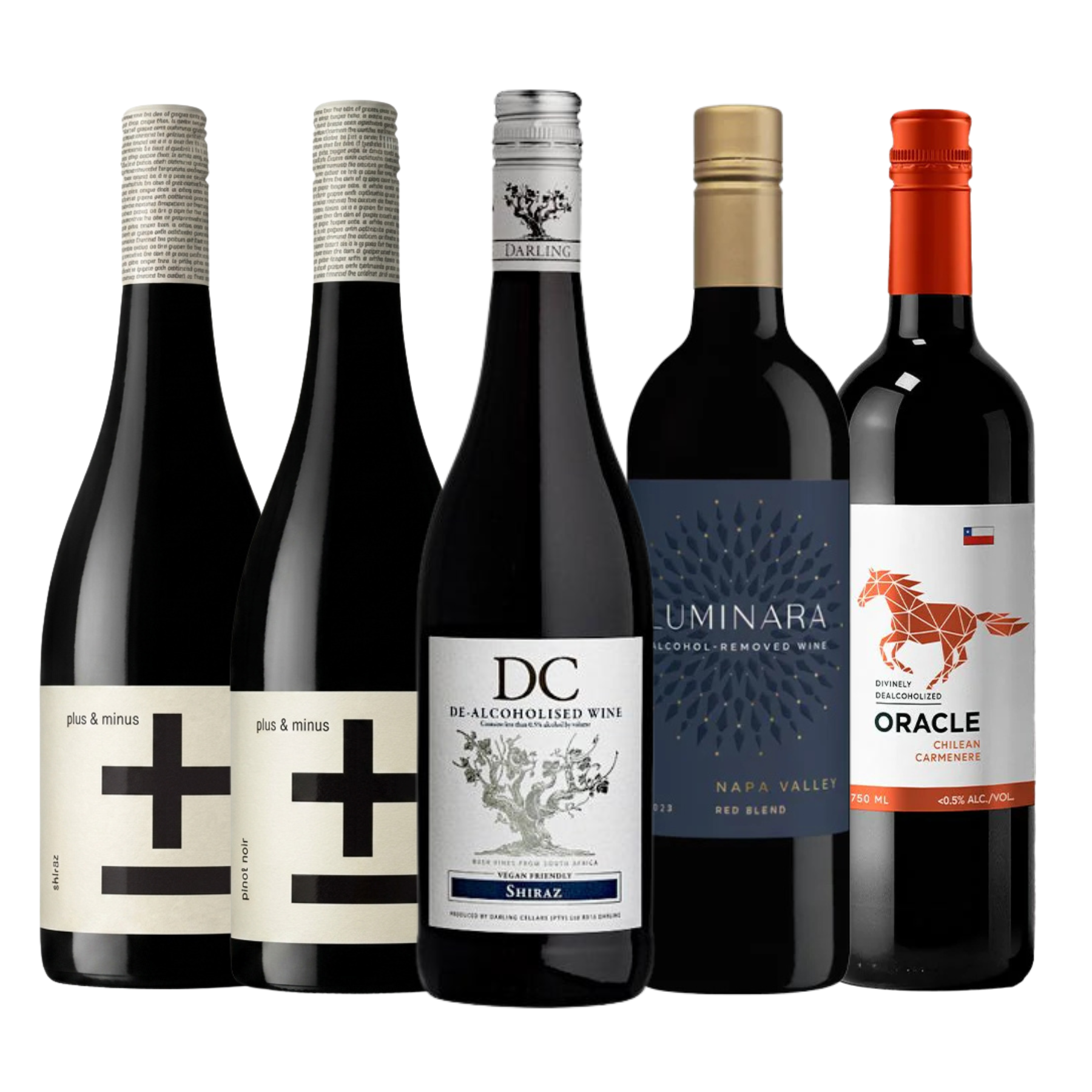 Five wine bottles arranged side by side on a white background, including plus-minus shiraz, plus-minus rosé, DC de-alcoholised wine shiraz, Luminara Napa Valley red blend, and Oracle Carmené.
