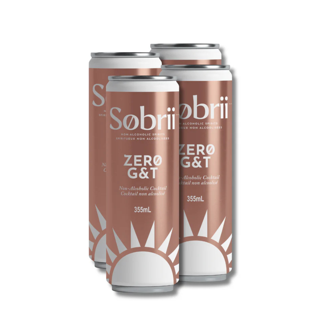 Four-pack of Sobrii Zero G&T non-alcoholic cocktails in 355mL bronze and white cans, displayed on a white background.