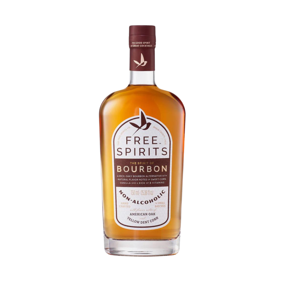 a bottle of free spirits bourbon on white background.  Label reads American oak, yellow dent corn.  Logo is a contemporary drawing of a swallow flying free