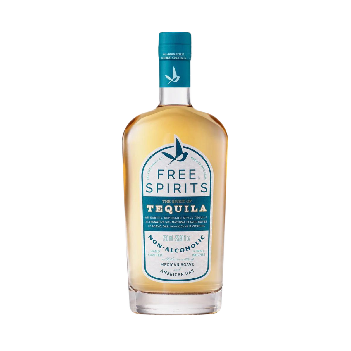 bottle of tequila on white background with blue and white label logo of birds flying and the name Free Spirits: the Spirit of tequila non-alcoholic mexican agave american oak