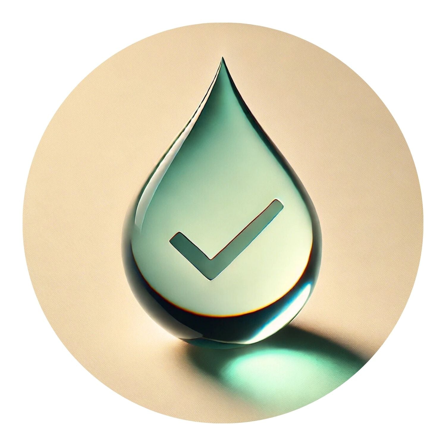 Illustration of a teal water droplet on a cream background with a checkmark in the center.
