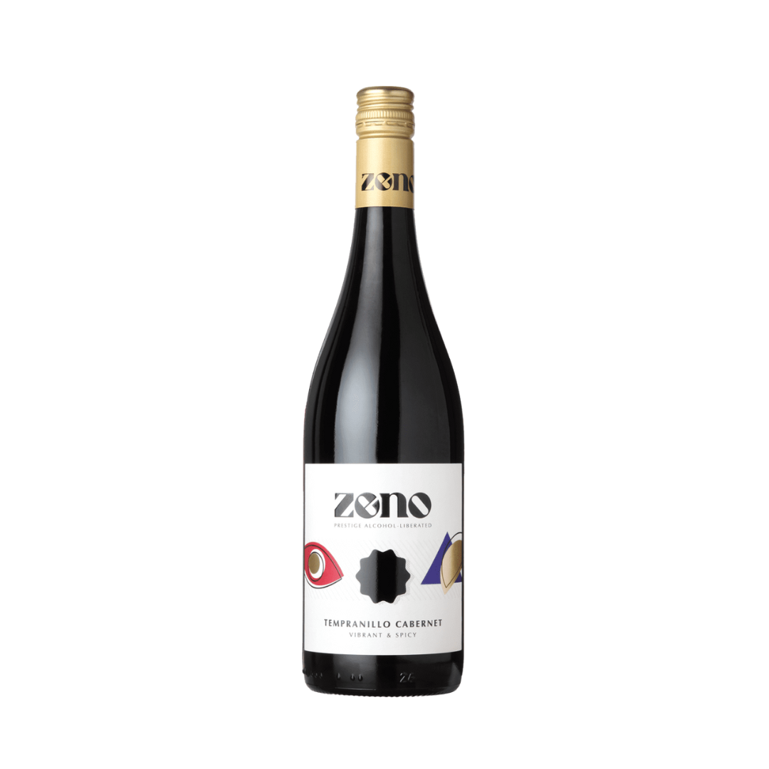 Zeno Tempranillo Cabernet non-alcoholic red wine, 750ml bottle from Spain with gold screw cap and modern white label. A vibrant, spicy red wine alternative with bold berry and spice flavors.