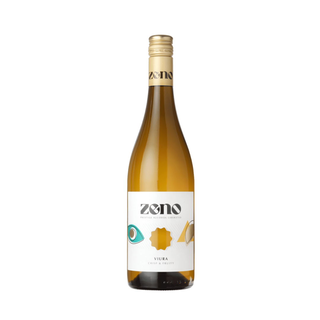 Zeno Viura non-alcoholic white wine, 750ml bottle from Spain with golden screw cap and modern white label featuring citrus illustrations. Crisp, fruity wine alternative with citrus, passionfruit, and green apple notes.