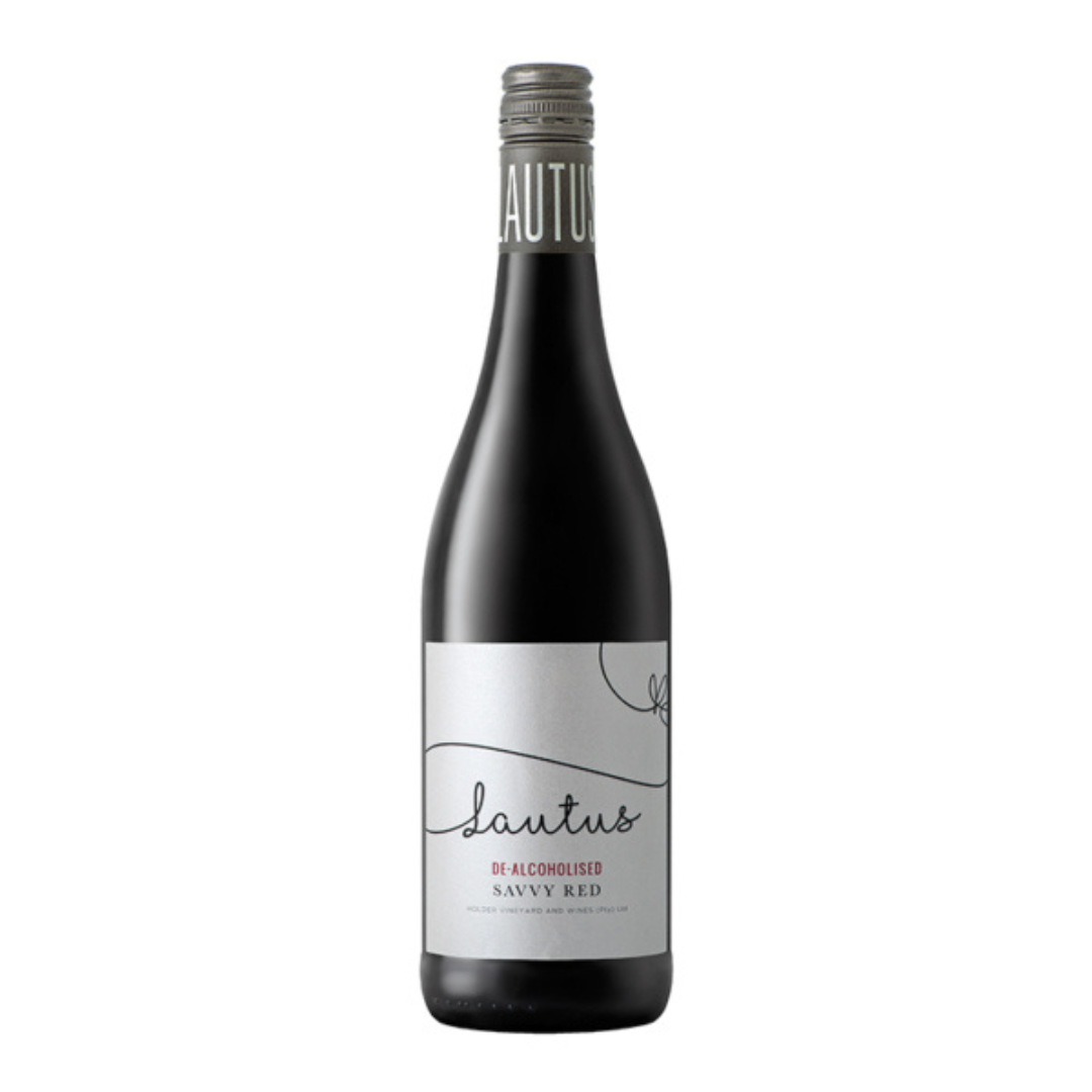 A bottle of Lautus Savvy Red dealcoholized wine with a label showing the brand and variety of the wine.