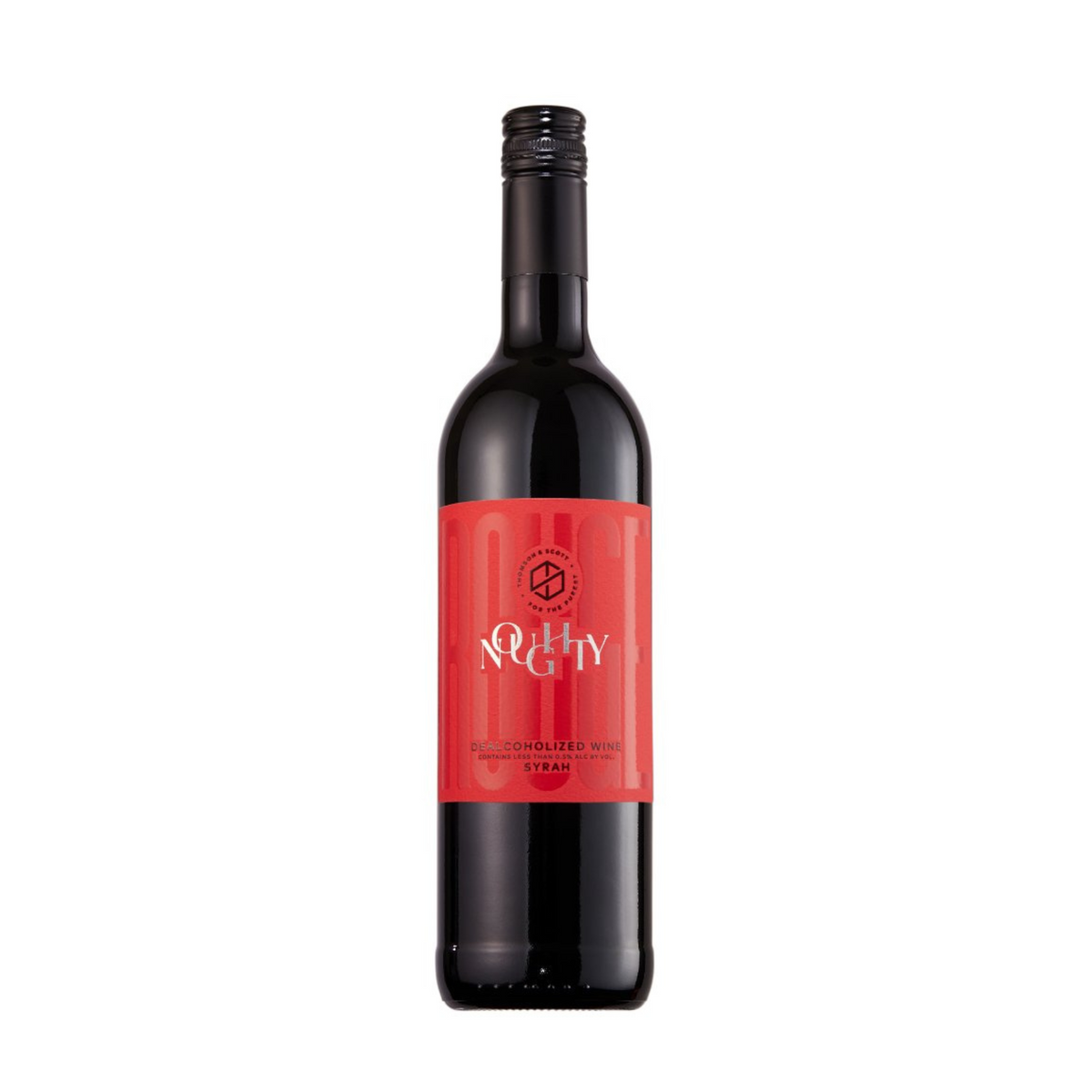 bottle of noughty rouge dealcoholized red wine. black bottle with red label